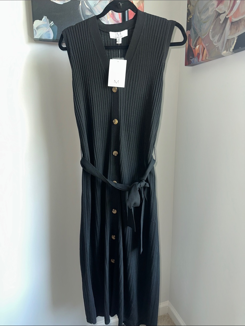 Magaschoni Black Sleeveless Ribbed Button-Front Midi Dress with Tie